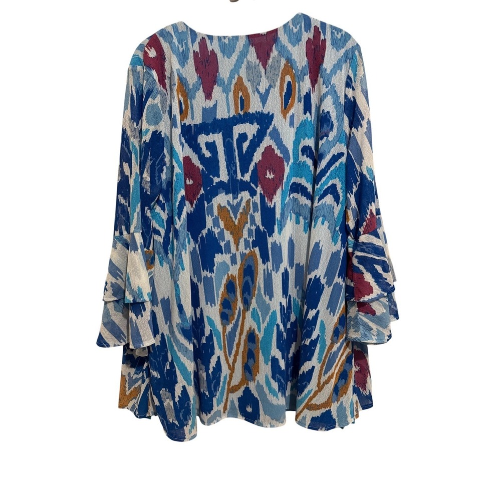 Calessa Ikat Print Blouse Women Large Blue Tiered Bell Sleeve Boho Tunic Top - Picture 3 of 10